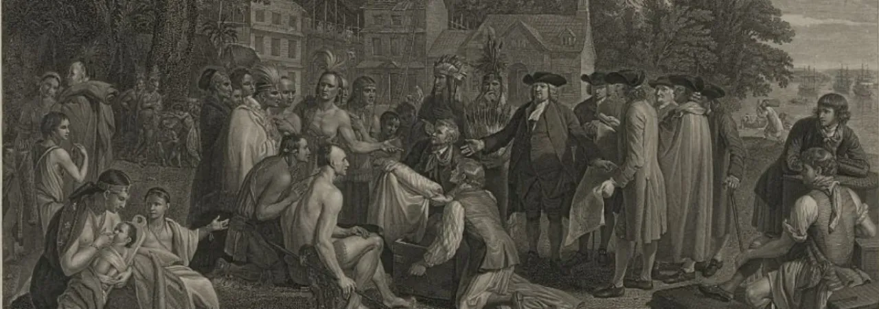 Native Americans and colonists meeting.
