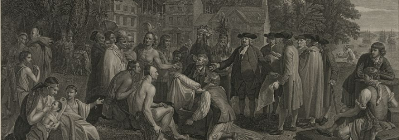 Native Americans and colonists meeting.