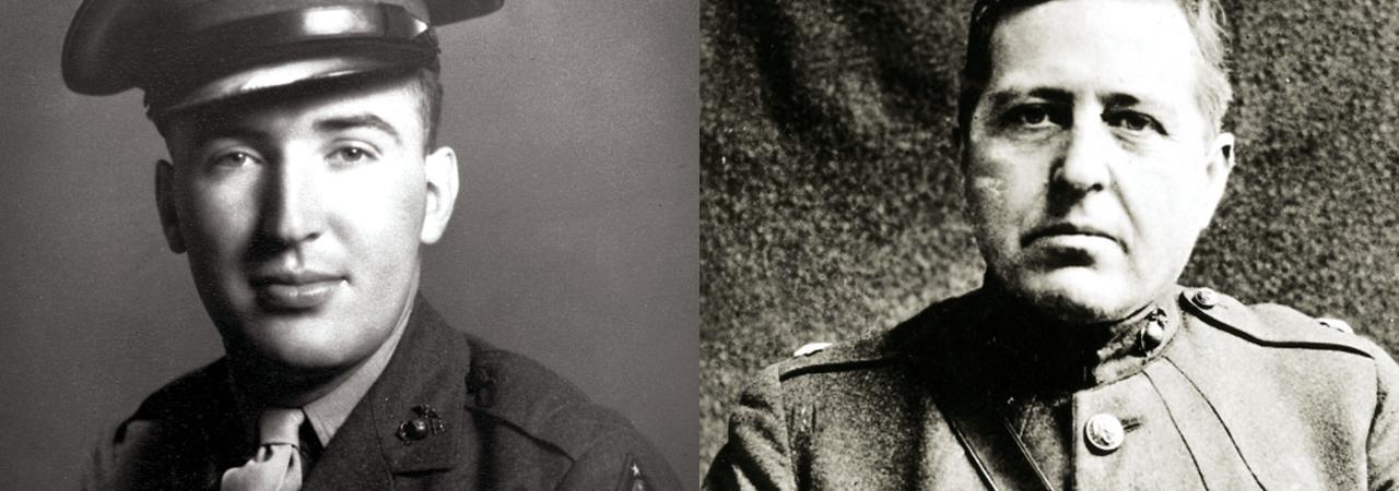 Ed Bearss in uniform as a young Marine (left); His cousin-once-removed Hiram Bearss was a Marine Corps legend (right)