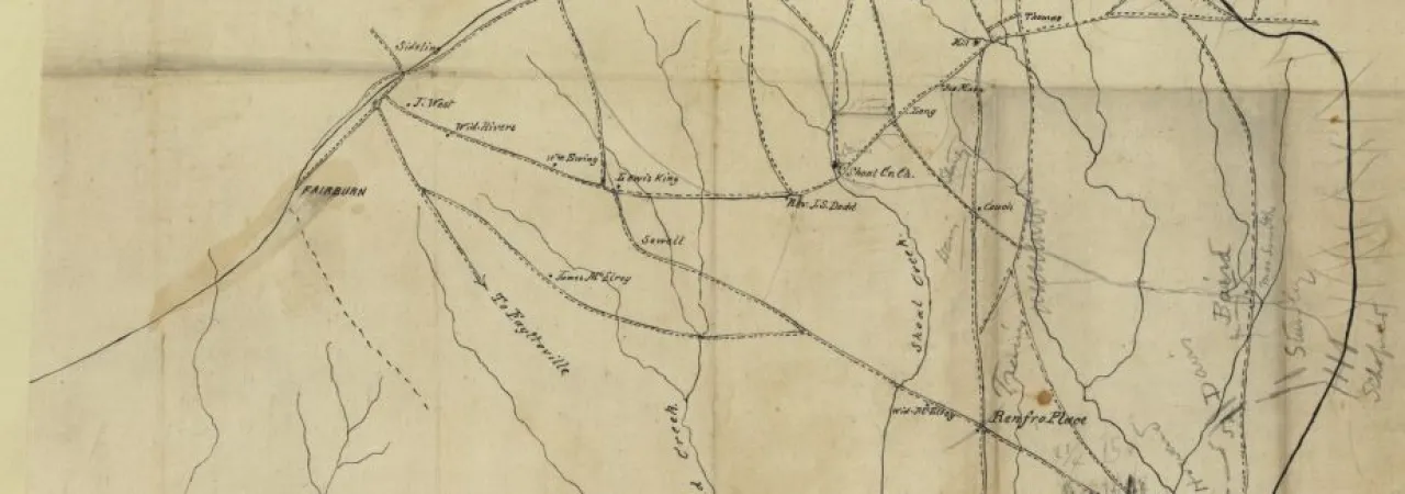Hand-drawn manuscript map of the Jonesboro, Georgia, region showing troop positions, commanders, and local landowners during the Atlanta Campaign.