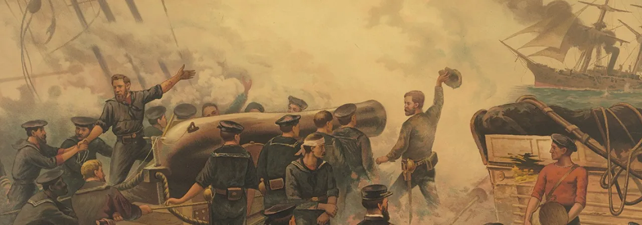 This is a painting depicting the conflict of the USS Kearsarge vs. CSS Alabama.