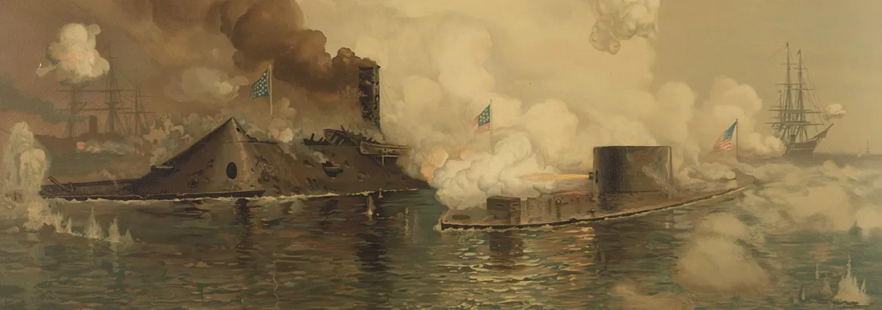 Two ironclad warships, the USS Monitor and CSS Virginia (formerly USS Merrimack), exchange cannon fire during the Battle of Hampton Roads as smoke and exploding shells fill the sky above the water.