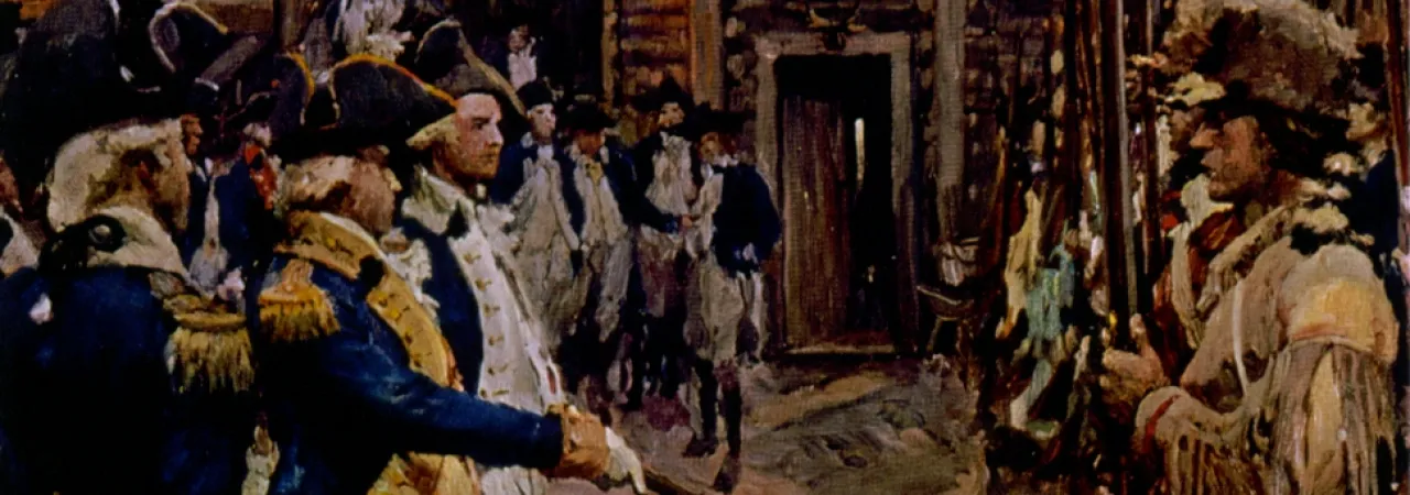 Portrait illustrating an interaction between colonial and indigenous soldiers