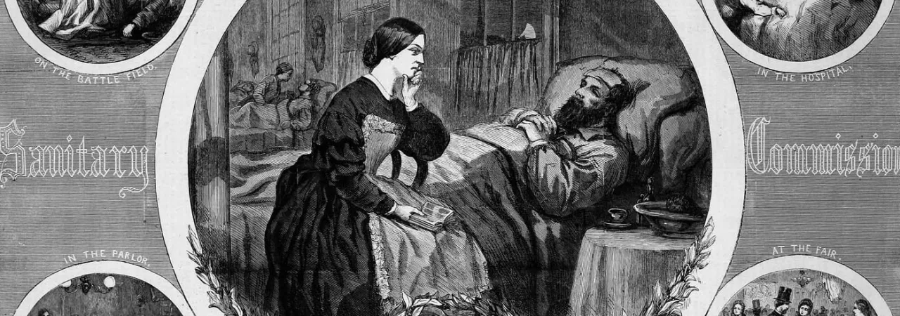 Thomas Nast illustration honoring women volunteers of the United States Sanitary Commission caring for Union soldiers during the Civil War.