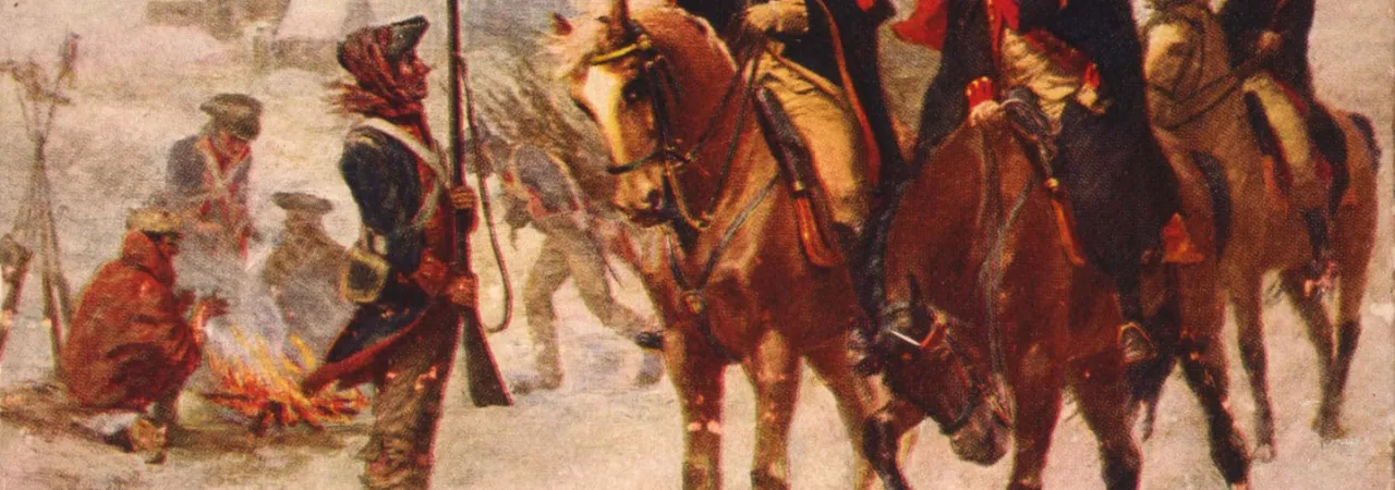 George Washington and the Marquis de Lafayette ride on horseback through the snow-covered winter encampment at Valley Forge as Continental soldiers gather around campfires in the background.