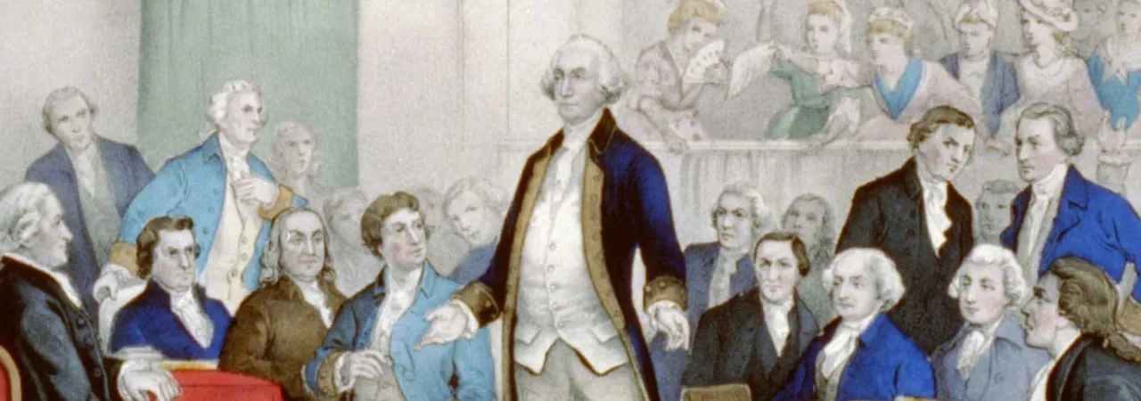 George Washington stands before members of the Continental Congress as he is appointed Commander in Chief of the Continental Army, while spectators, including women waving handkerchiefs, observe the historic ceremony.