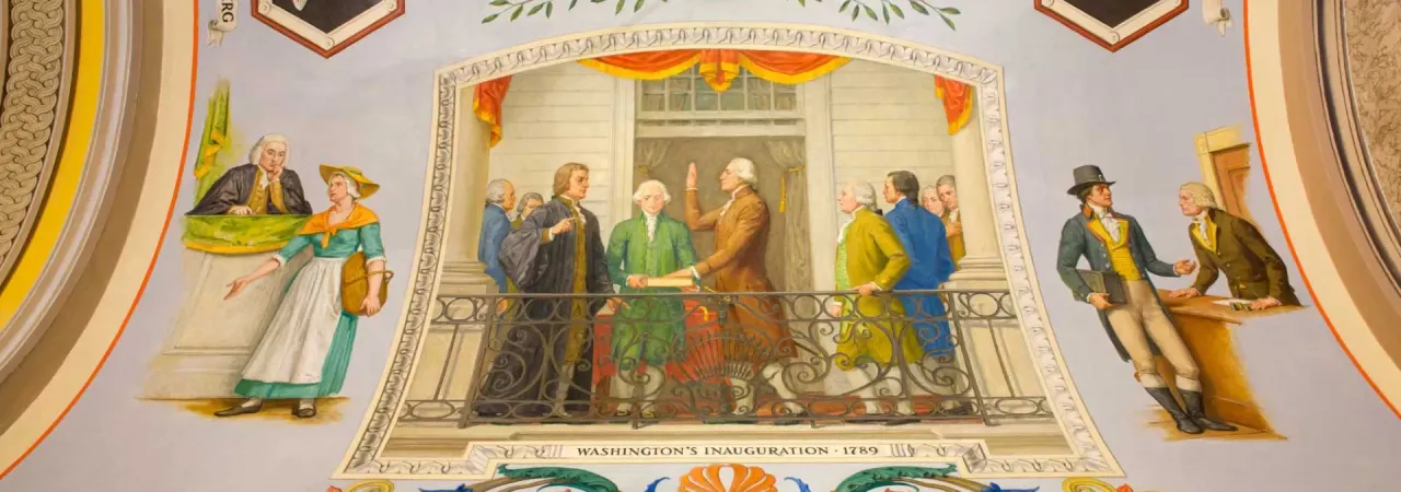 Mural by Allyn Cox depicting George Washington raising his hand as Robert R. Livingston administers the presidential oath of office at Federal Hall in New York City in 1789.