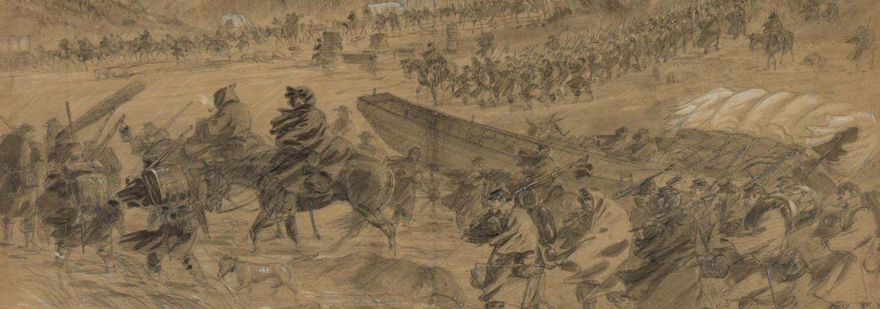 Alfred Waud's sketch of the Army of the Potomac's doomed winter campaign across the Rappahannock River – known as the Mud March.