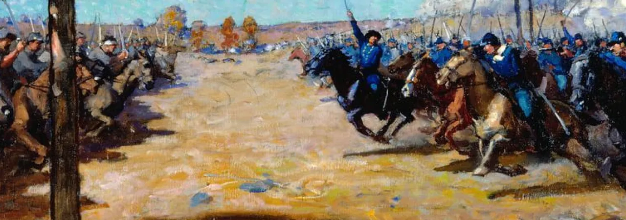 Historical painting by N. C. Wyeth depicting the Battle of Westport, Missouri, on October 23, 1864, during the Civil War.