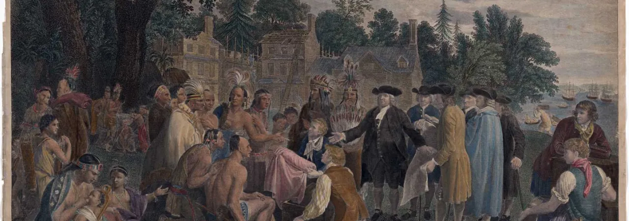 Engraving depicting William Penn meeting with Lenape people beneath a large tree as European settlers, Native people, and trade goods surround the gathering.