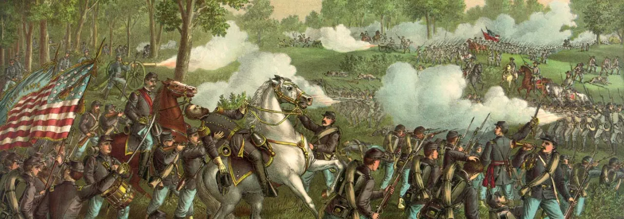 Colorful historical lithograph depicting the Battle of Wilson's Creek on August 10, 1861. Union and Confederate infantry clash across an open battlefield amid smoke, artillery fire, and mounted officers directing troops, with General Nathaniel Lyon prominently leading the Union attack.
