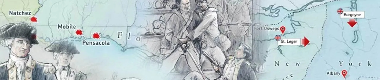 A collage of Revolutionary War scenes atop a map