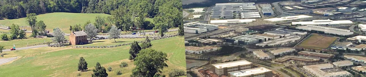 A photo of Manassas National Battlefield Park next to a photo of sprawling data center development in Loudon County.