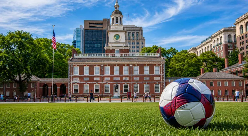 Independence Hall with a red, white, and blue soccer ball