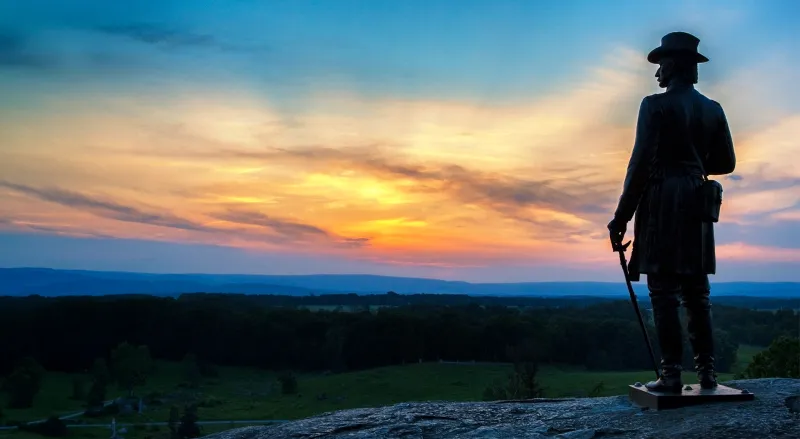 The monument to Union Maj. Gen. Gouverneur K. Warren stands on Little Round Top at Gettysburg National Military Park.
