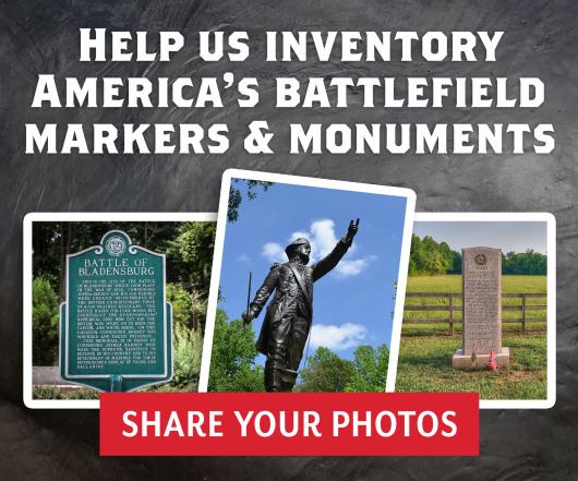 Ad that reads 'Help us inventory America's battlefield markers & monuments' with three photos of monuments, button that says 'share your photos'