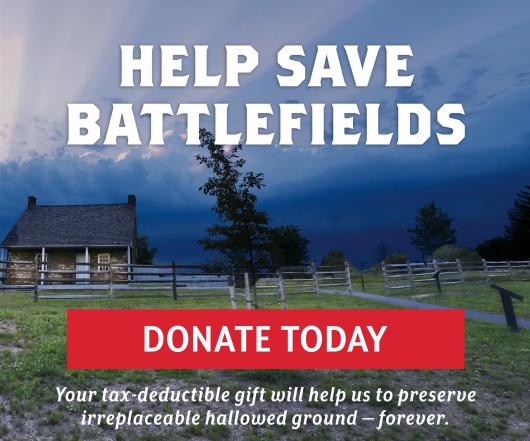Image of battlefield with the text "Help Save Battlefields - Donate Today"