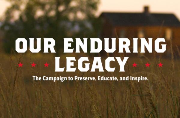 Blurred image of a building with the words "Our Enduring Legacy, The Campaign to preserve, educate and inspire" overlayed