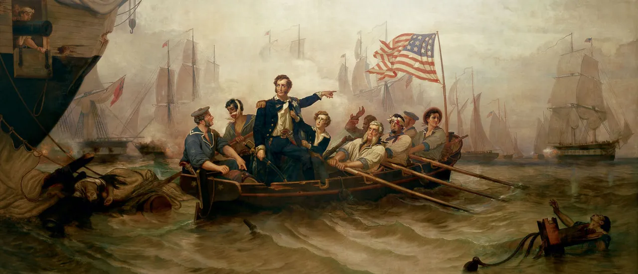 William Henry Powell’s Battle of Lake Erie, depicting Commodore Oliver Hazard Perry transferring by small boat from the damaged USS Lawrence to the USS Niagara amid heavy fighting during the War of 1812.