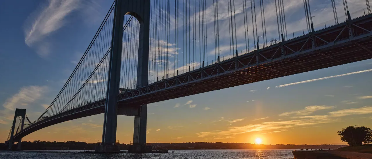 Gravesend Bay under the Verrazzano–Narrows Bridge in Brooklyn where the British navy anchored in 1776.