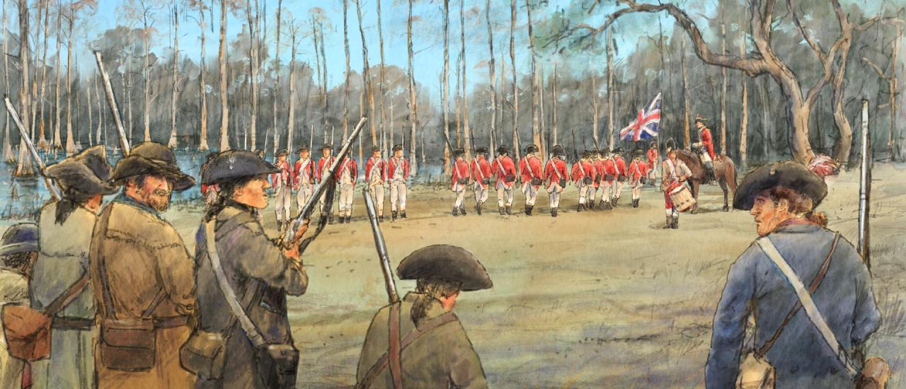 An illustration of Patriot and British forces at Halfway Swamp