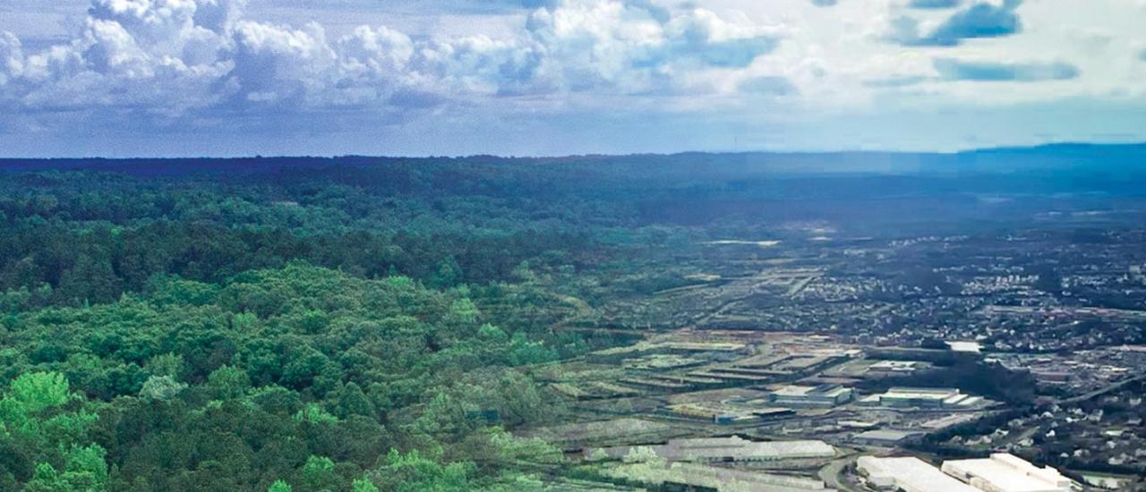 A composite photograph showing a battlefield fading into overdevelopment.