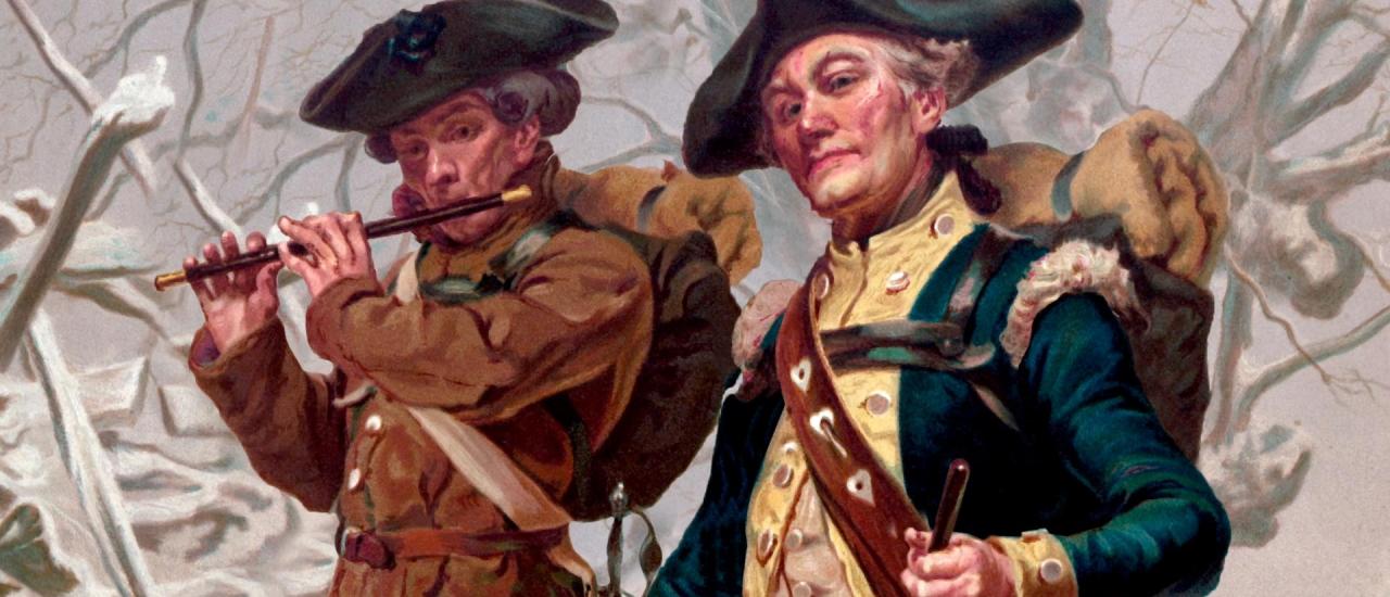 Painting of Revolutionary War soldiers playing fife and drum.