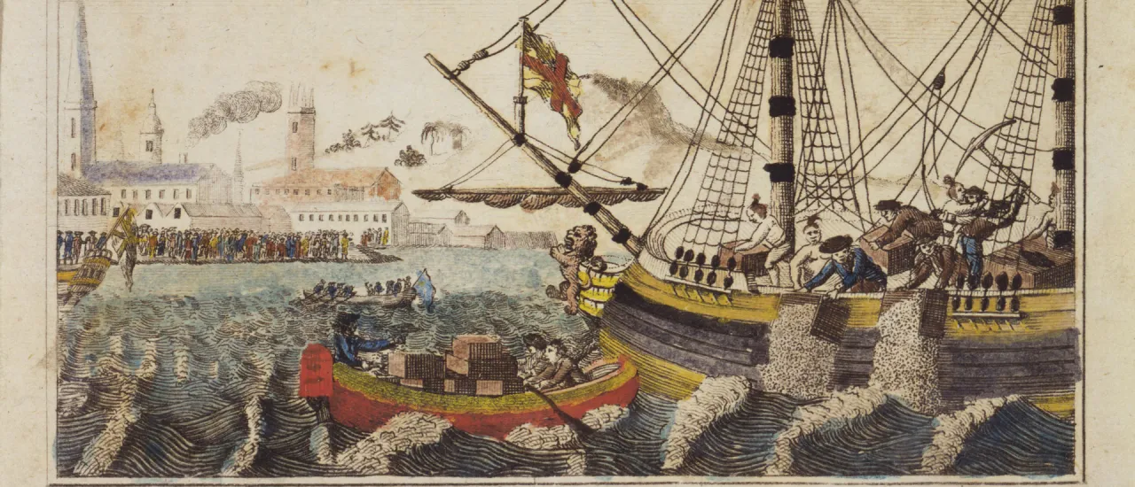 Engraving depicting participants in the Boston Tea Party throwing East India Company tea into Boston Harbor on Dec. 16, 1773.