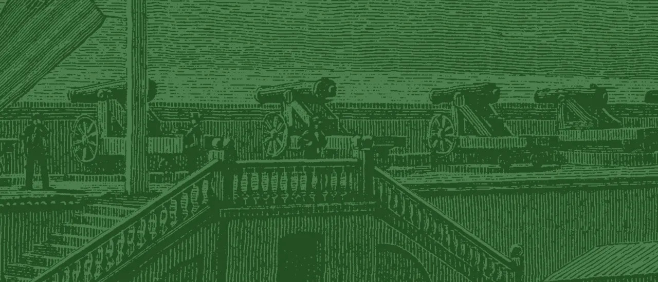 This is a sketch of cannons on the upper deck of a fort. 