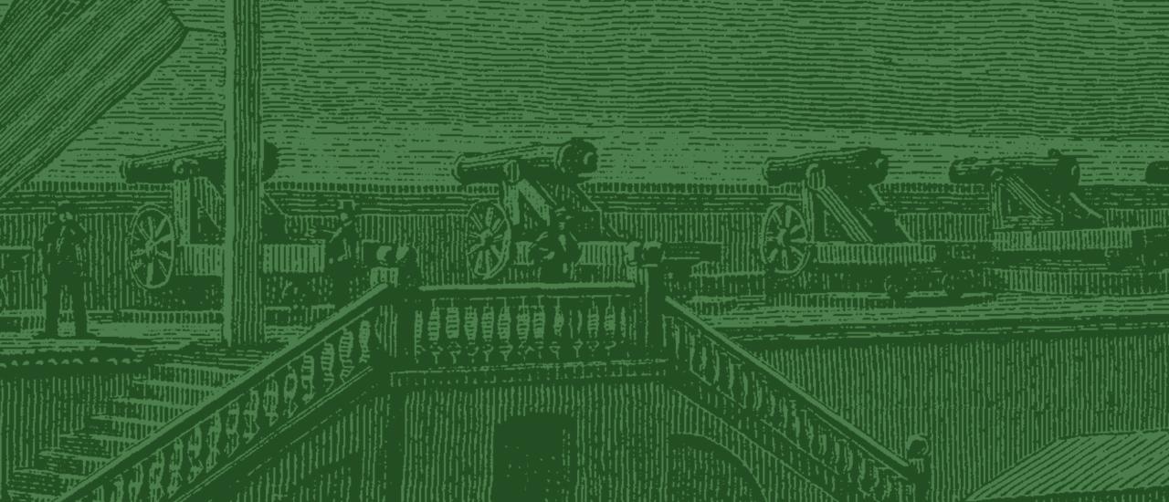 This is a sketch of cannons on the upper deck of a fort. 
