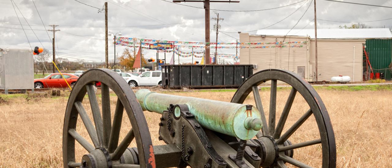 This is a photograph of an unpreserved canon caught in an urban setting. 