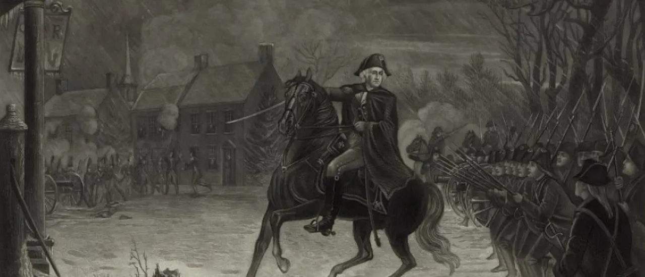 George Washington on horseback leading Continental forces during the Battle of Trenton.
