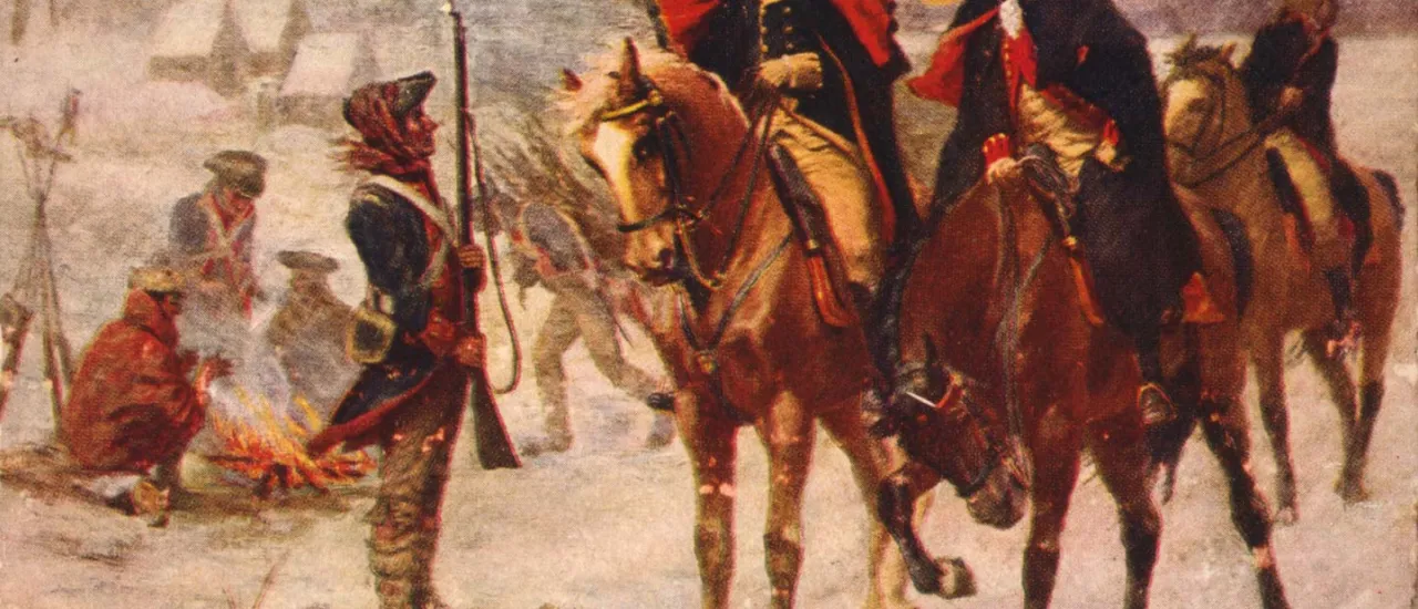 George Washington and the Marquis de Lafayette ride on horseback through the snow-covered winter encampment at Valley Forge as Continental soldiers gather around campfires in the background.