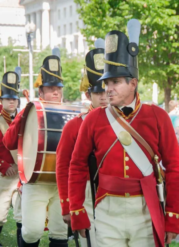 War of 1812 Reenactors marching with drum at the National Museum of American History