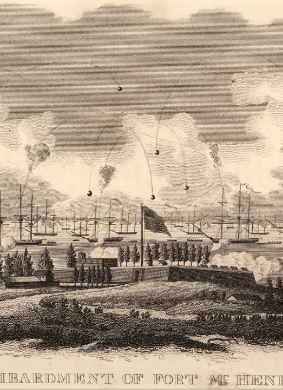 Engraving depicting British warships firing on Fort McHenry during the nighttime bombardment of Baltimore in September 1814.