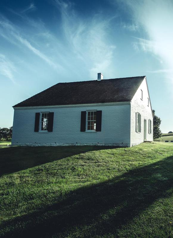 A photograph of a sunny day at Dunker Church at Antietam National Battlefield