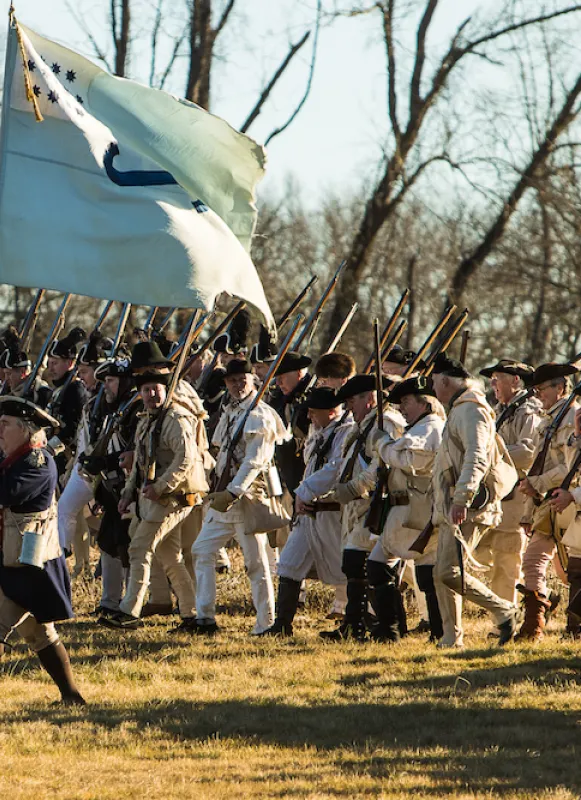 Reenactors rally in the wake of Gen. George Washington’s charge during the 2023 Battle of Princeton reenactment in Princeton, New Jersey.