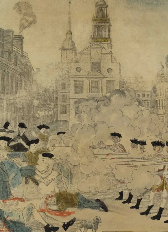 Hand-colored engraving by Paul Revere depicting British soldiers firing into a crowd of civilians during the Boston Massacre on March 5, 1770.