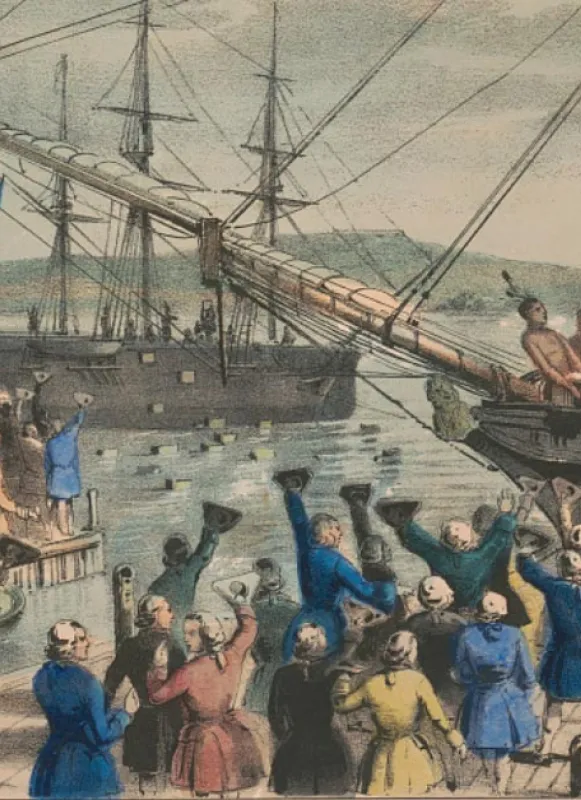 This is an image of colonial civilians dumping tea from a ship into Boston Harbor. 