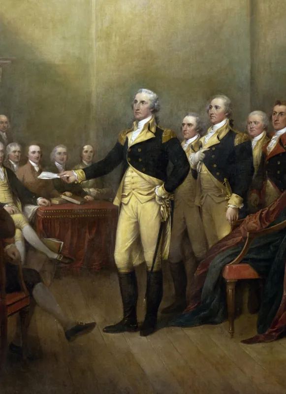 George Washington stands before members of Congress in the Maryland State House in Annapolis to resign his commission as commander in chief of the Continental Army.