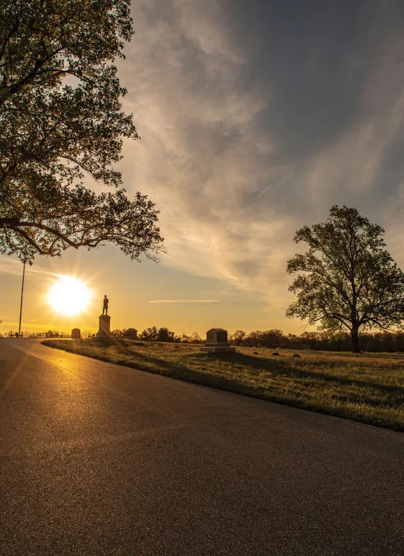Sun rises and reflects on the pavement of a street flanked with trees and monuments in the distance