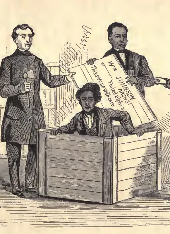 Illustration of Henry Box Brown's "resurrection" in Philadelphia. From William Still's 1872 book The Underground Railroad.