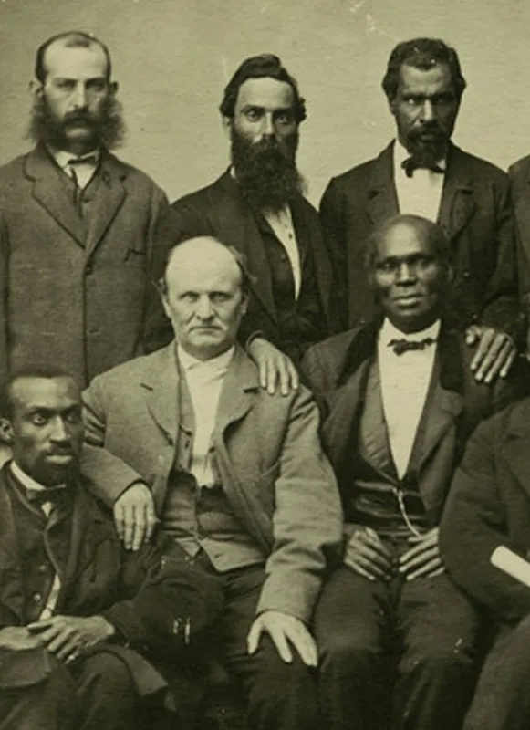 Part of the petit jury empanelled to try Jefferson Davis for treason, ca. May 1867. Landon Boyd standing in rear of image, 5th from right.