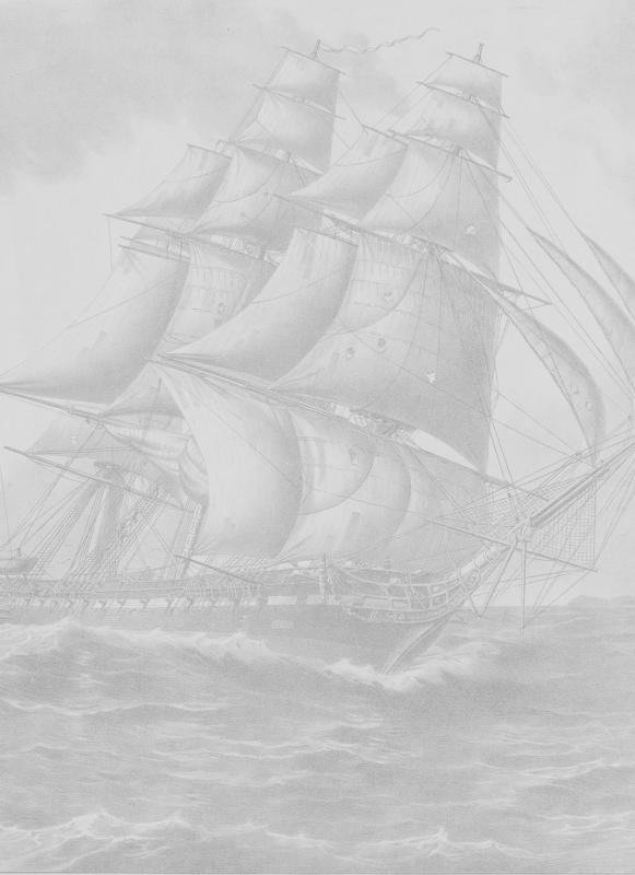 Cropped view of an engraving recolored in light greyscale tones shows the USS Constitution on the water, with another ship nearby.