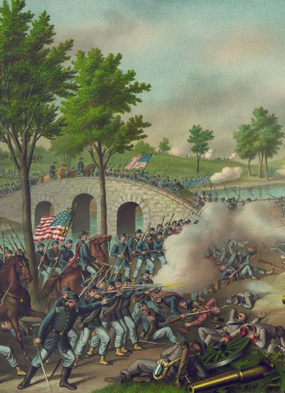Color lithograph depicting Union and Confederate troops engaged in battle at Antietam, with infantry and artillery fighting across the landscape.