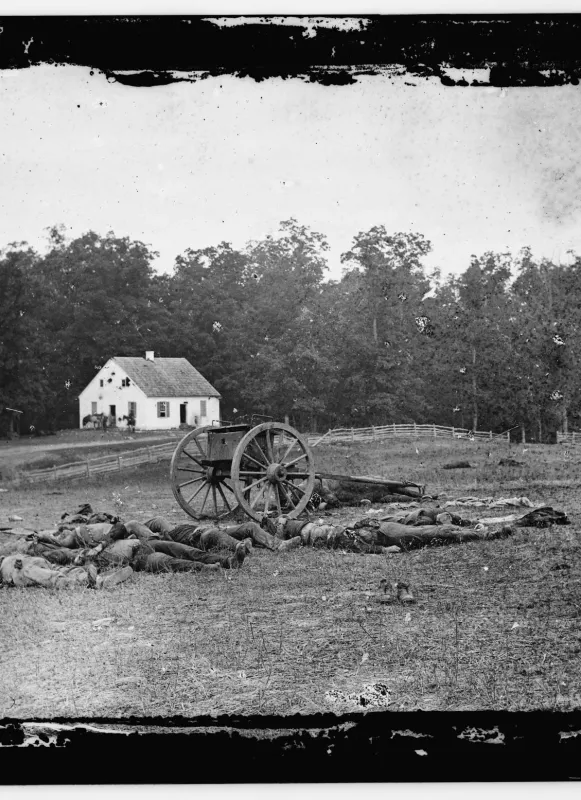 Alexander Gardner's famous photo of Confederate dead before the Dunker Church on the Antietam Battlefield