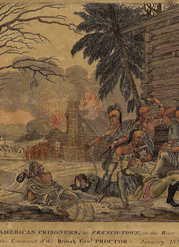 Hand-colored engraving depicting Native warriors attacking wounded American prisoners after the Battle of the River Raisin during the War of 1812.