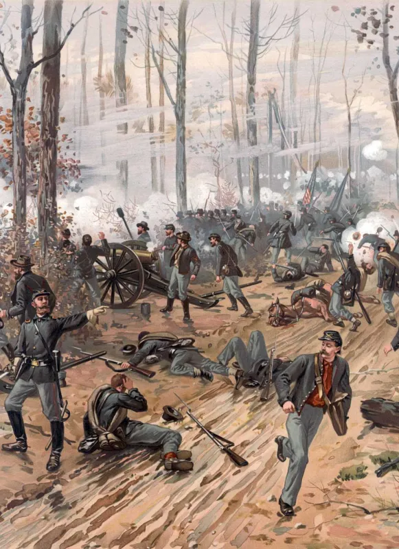 Color chromolithograph by Thure de Thulstrup depicting Union and Confederate soldiers engaged in close combat during the Battle of Shiloh in April 1862.