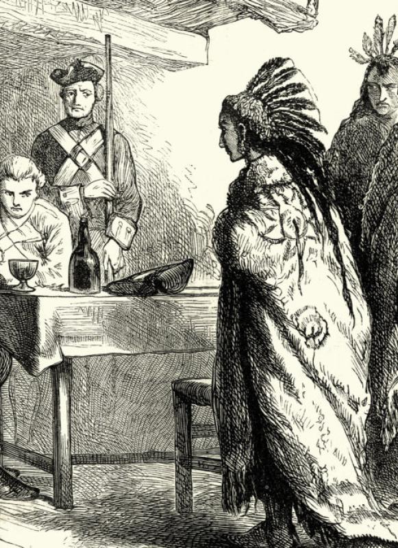 British officers and Native American elders negotiate on the frontier.