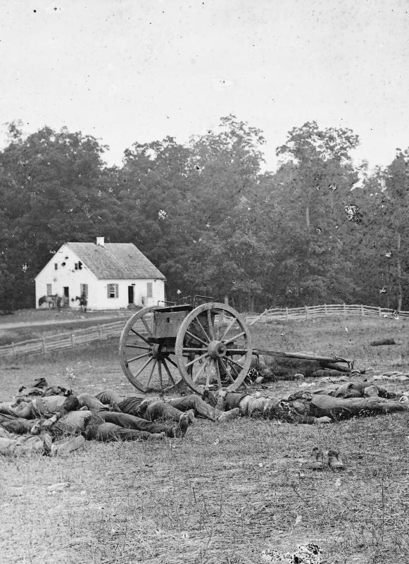 Alexander Gardner's famous photo of Confederate dead before the Dunker Church on the Antietam Battlefield
